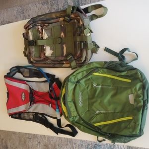 Backpacks lot (3), hydration backpack, bookbag, military/tactical backpack